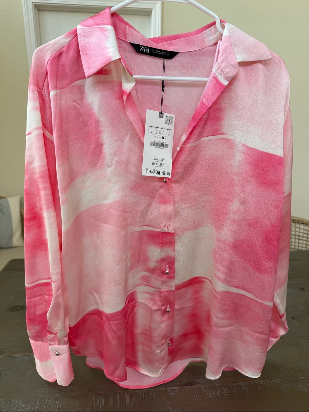 ZARA Pink Tie-Dye Satin Button-Down Shirt